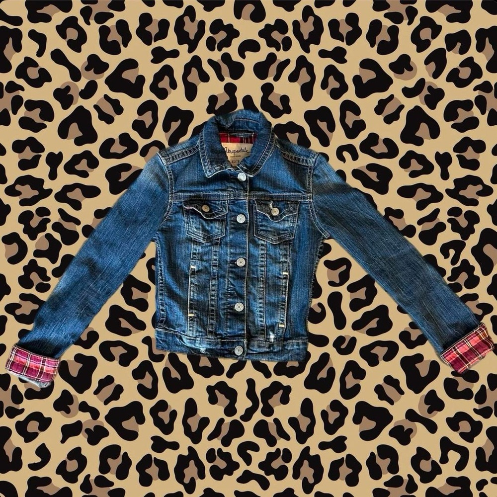 Aeropostale Denim Jacket with Plaid Cuffs